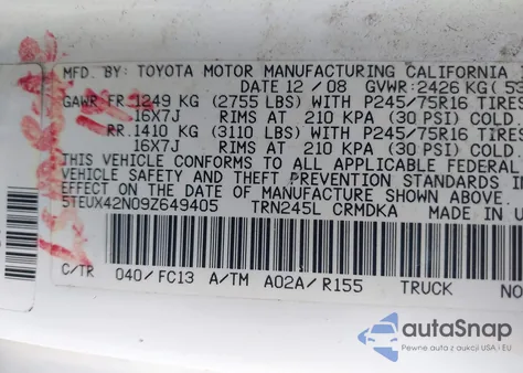 2009 Toyota Tacoma z USA, uszkodzony, nr VIN 5TEUX42N09Z649405